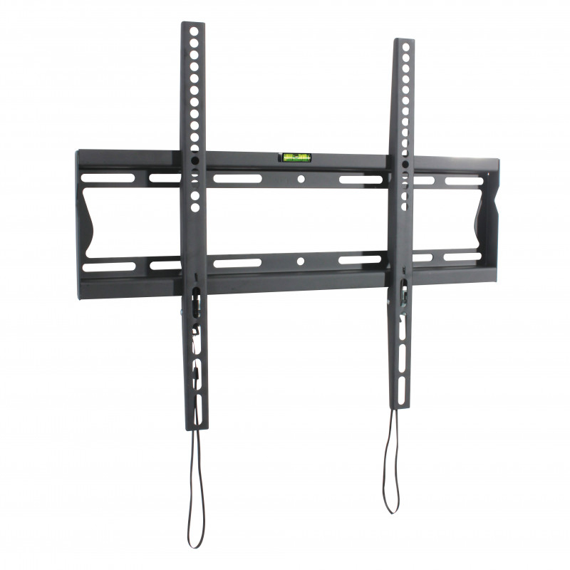 Soporte de pared gris para pantalla plana con nivel y cables.