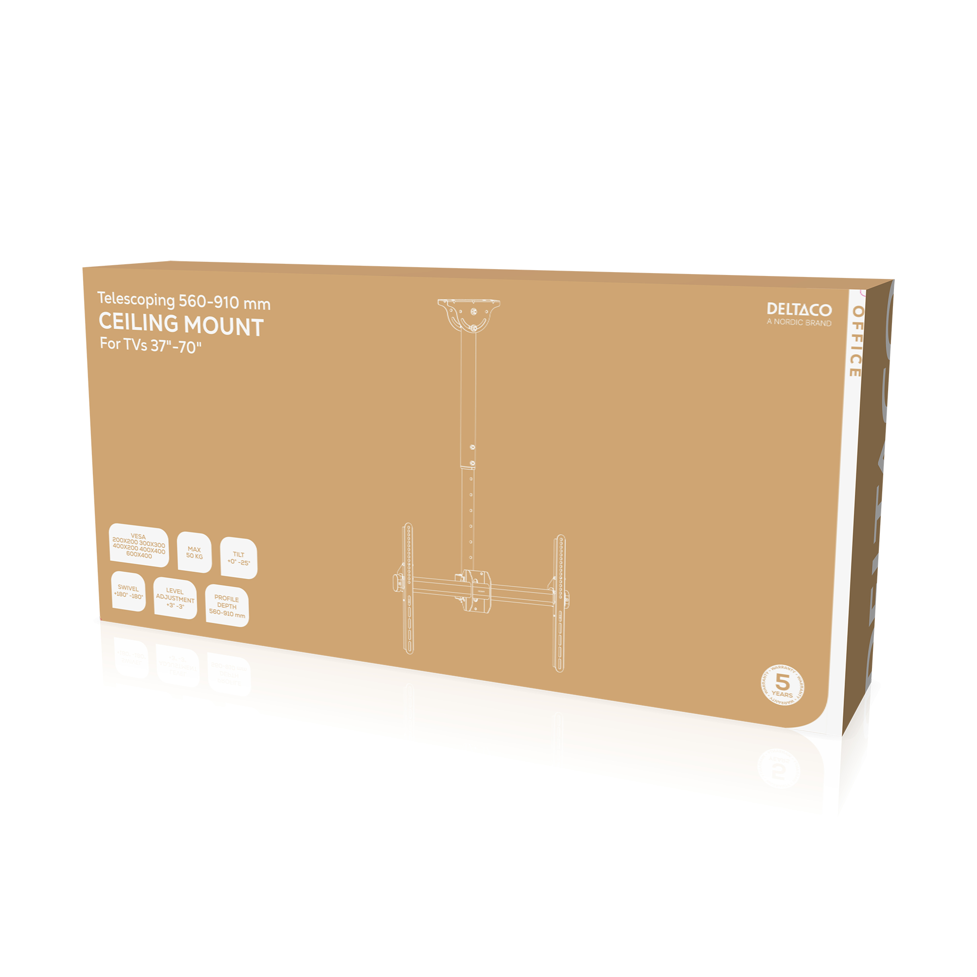 Doos voor Deltaco plafond TV beugel, 37-70 inch. Toont montage diagram & specificaties.