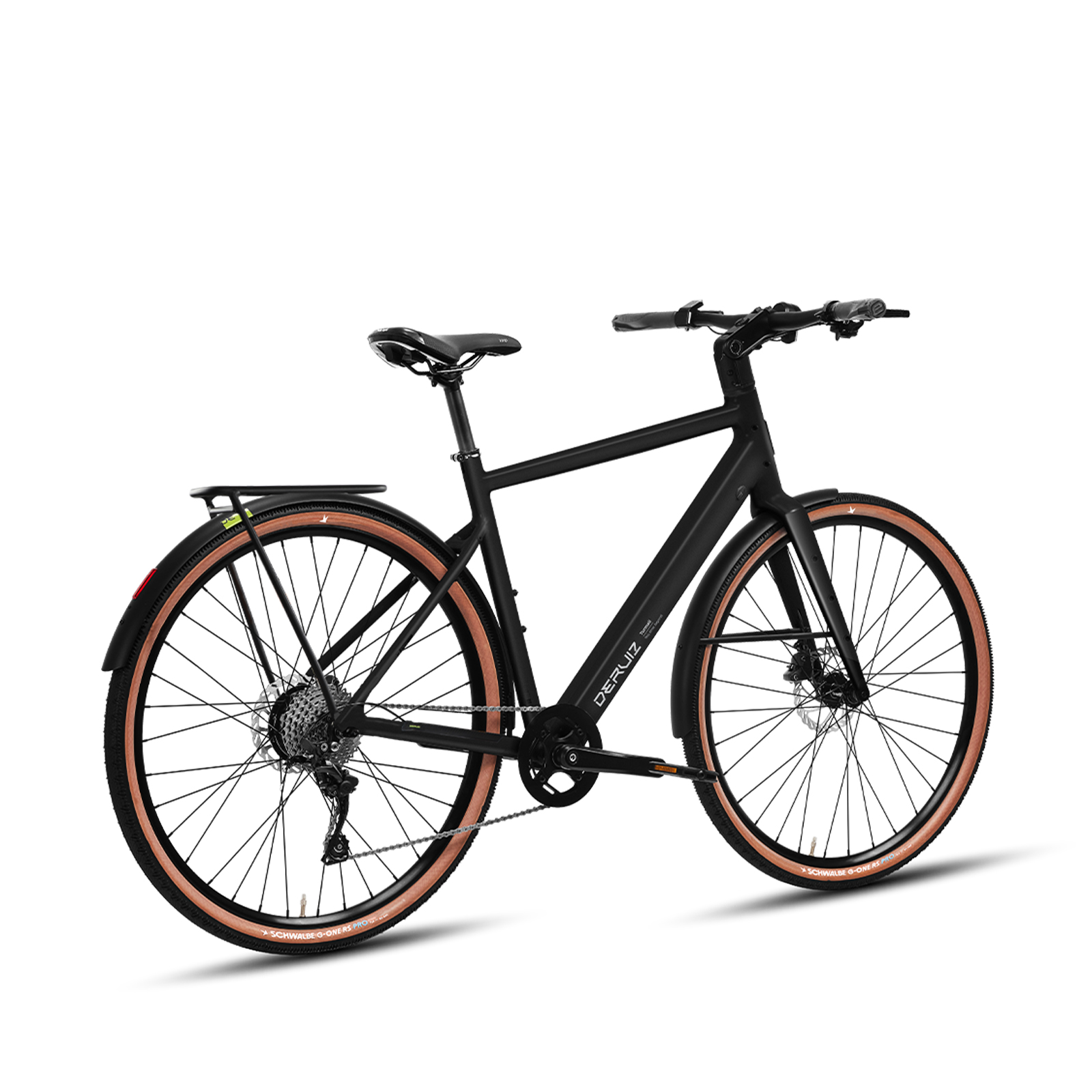 Schwarzes Fahrrad mit braunen Reifen, Gepäckträger und Schutzblechen.