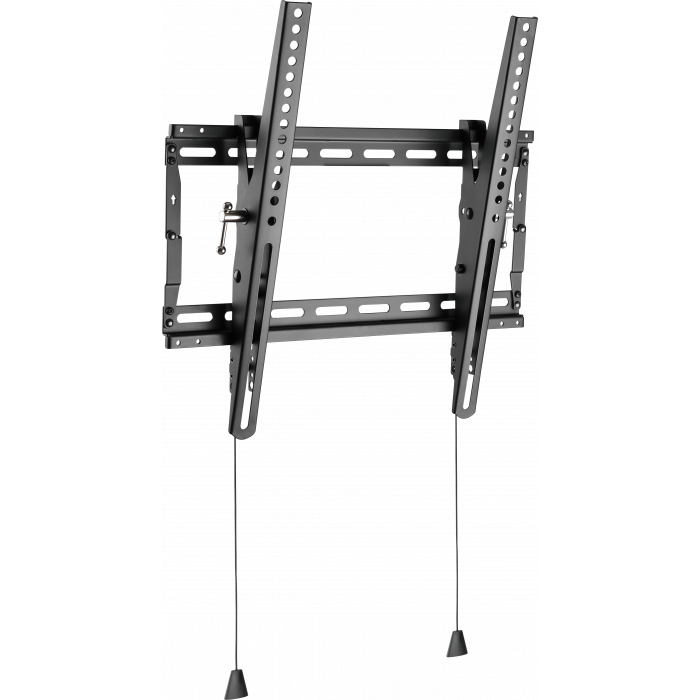 Soporte de pared negro para TV con brazos ajustables y tiradores.