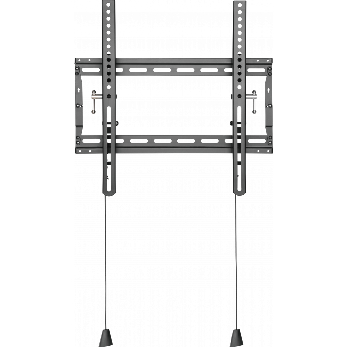 Un soporte de pared para TV de metal negro con brazos ajustables y dos cables.