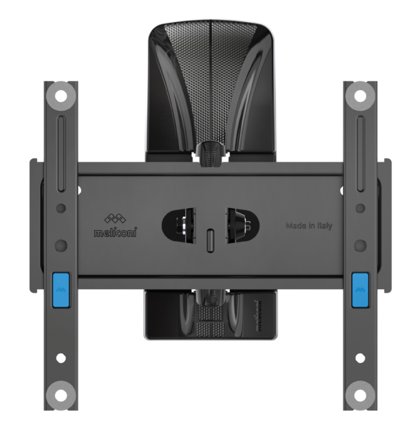 Schwarze TV-Wandhalterung mit blauen Hebeln und Meliconi-Logo, Made in Italy.