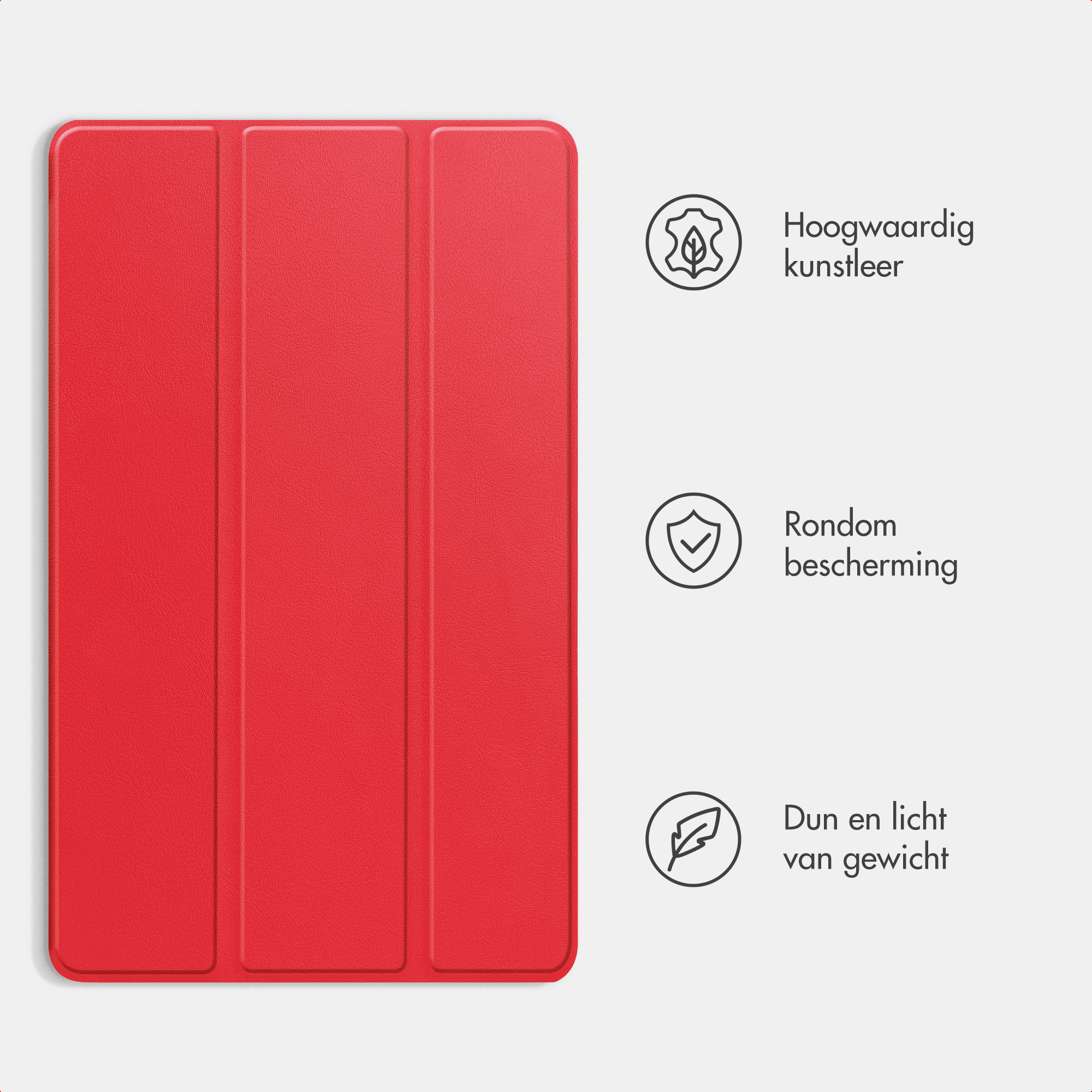 Étui rouge pour tablette avec trois sections pliables et icônes cuir synthétique.