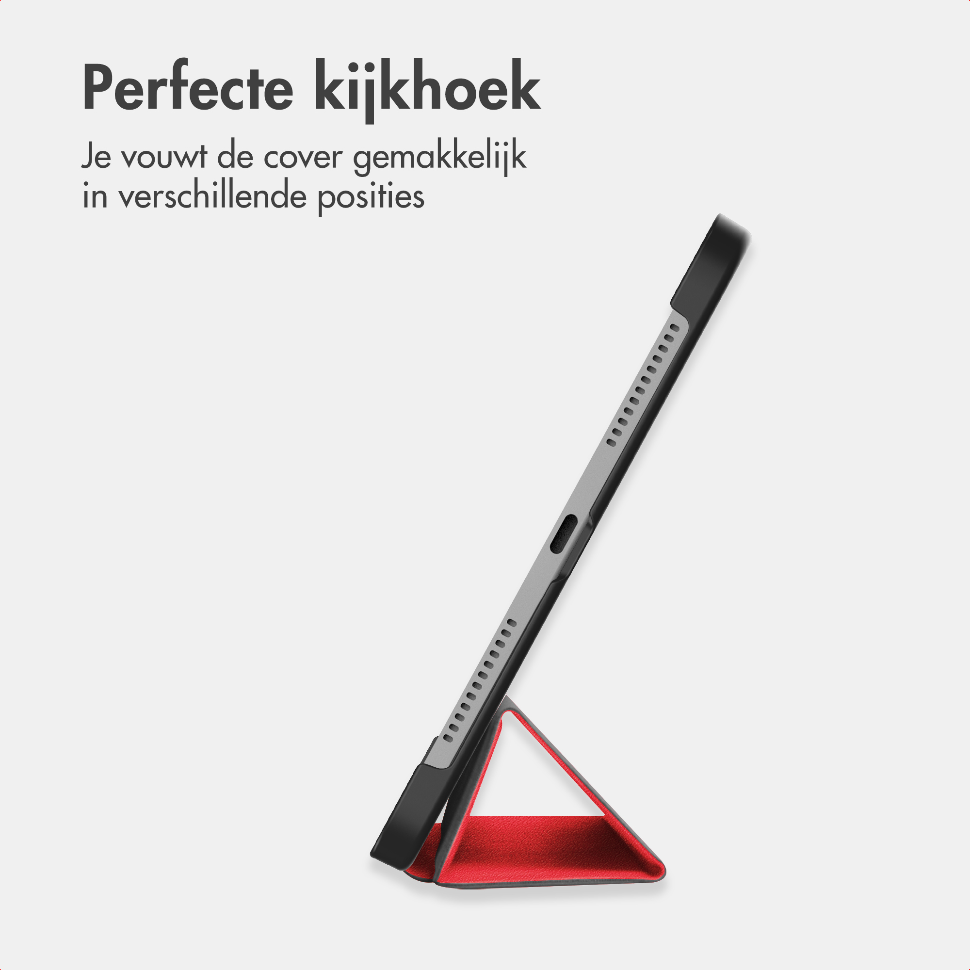 Une tablette avec un support noir et rouge, sur fond gris.