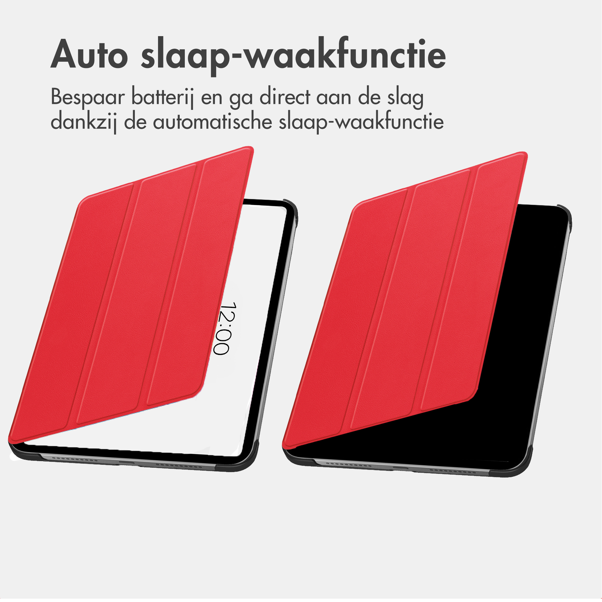 Étui rouge pour tablette avec fonction veille-réveil automatique.