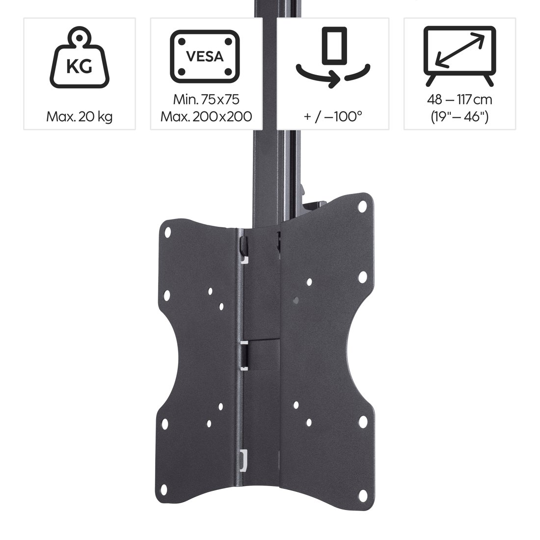 Schwarze TV-Halterung mit VESA-Info, Traglast bis 20 kg, Bildschirmgröße 48-117 cm.