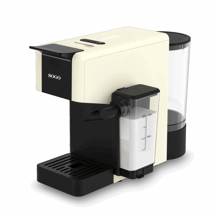 Una macchina da caffè color crema con accenti neri e contenitore del latte.