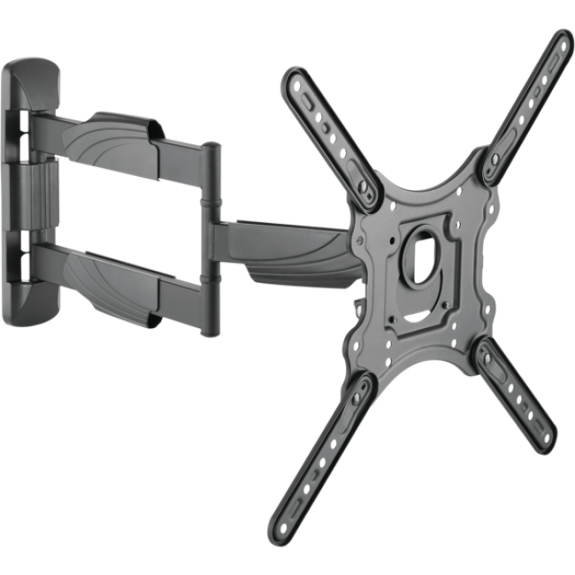 Ein schwenkbarer schwarzer TV-Wandhalter mit ausfahrbarem Arm und VESA-Platte.