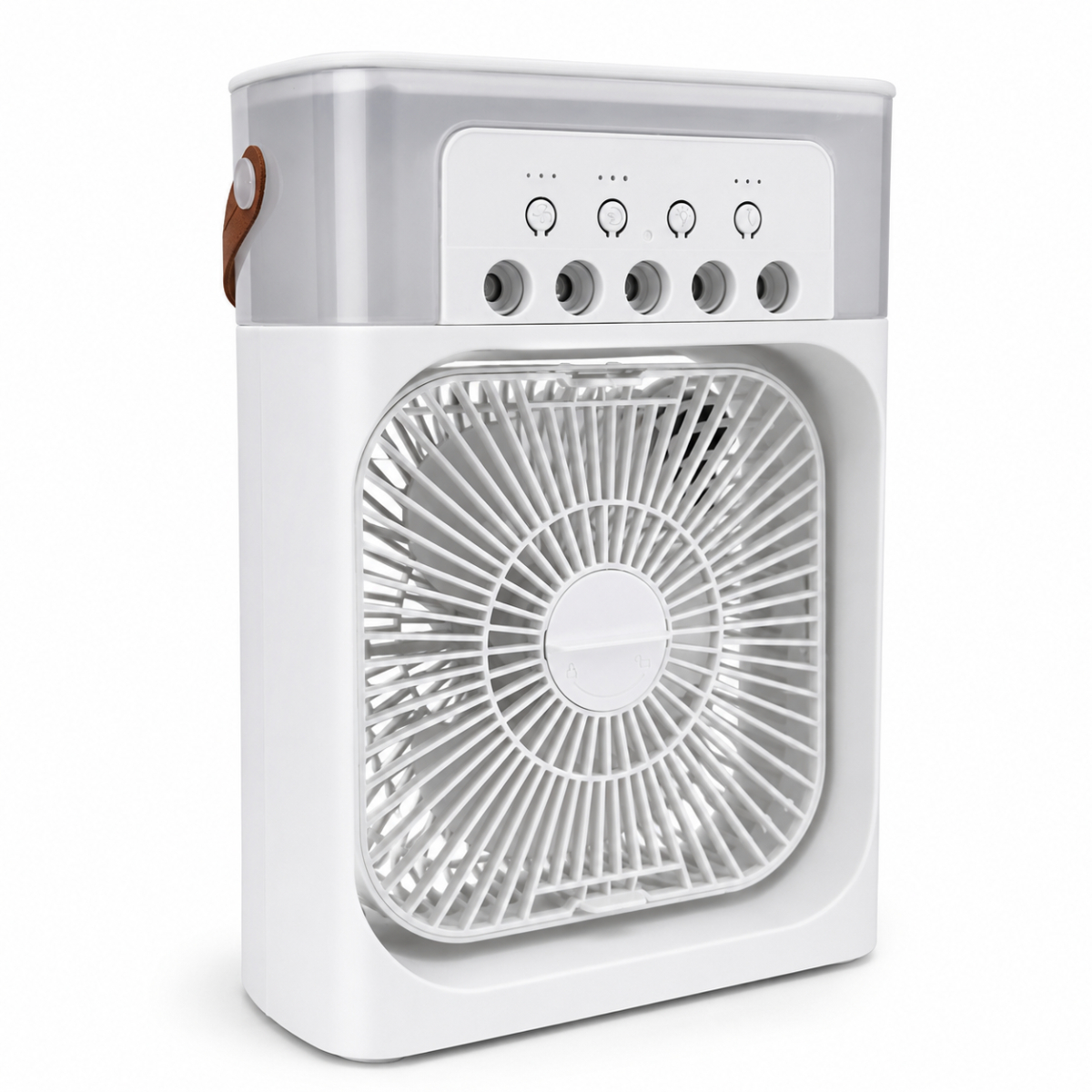 Ein weißer tragbarer Ventilator mit einem transparenten oberen Behälter und braunem Henkel.