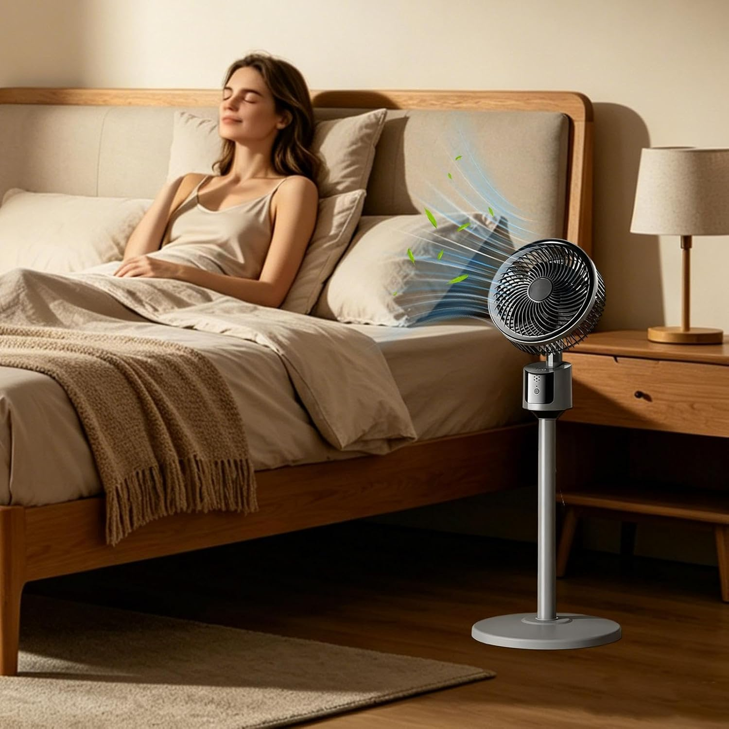 Frau entspannt sich im Bett, während ein Ventilator Luft zufächelt.