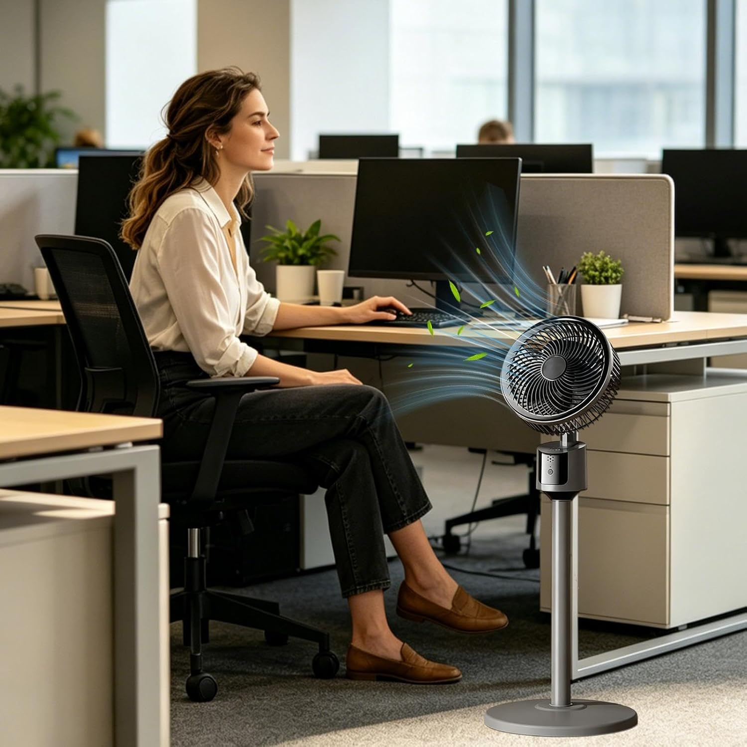 Eine Frau sitzt an einem Schreibtisch und arbeitet. Ein Ventilator bläst Luft zu ihr.