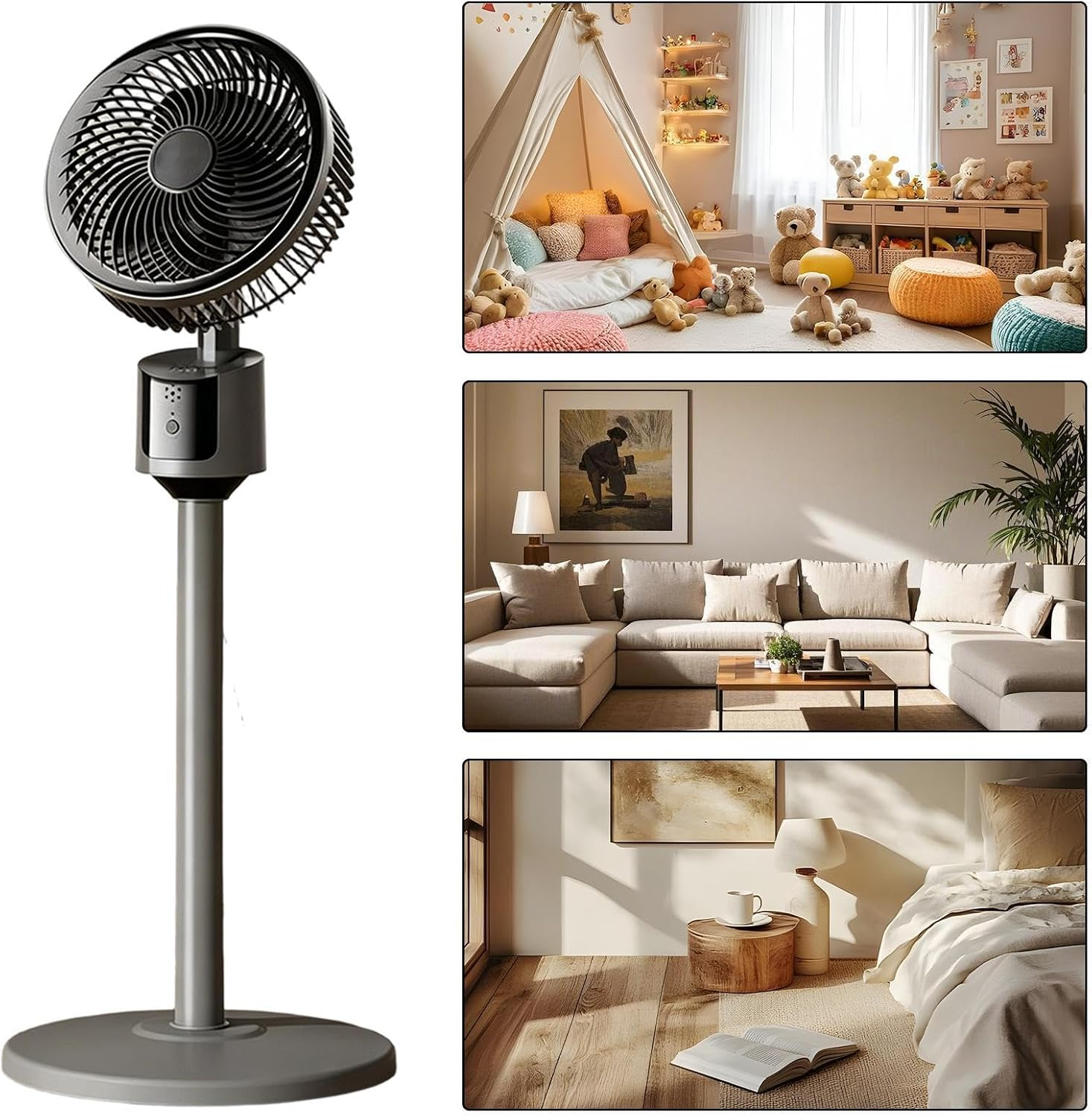 Ein Stehventilator und drei Wohnszenen: Kinderzimmer, Wohnzimmer, Schlafzimmer.