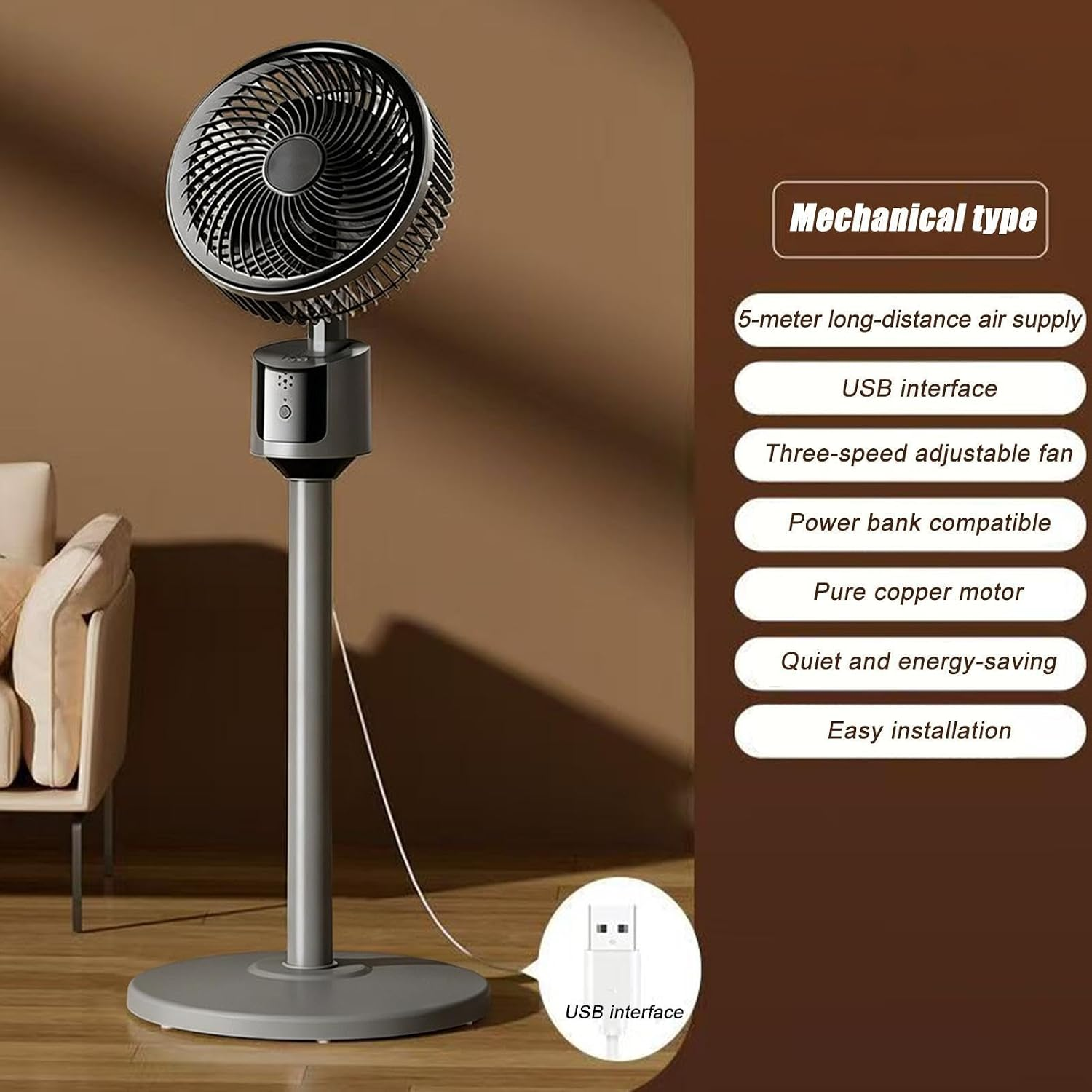 Ein grauer Standventilator mit USB-Anschluss und verstellbaren Geschwindigkeiten.