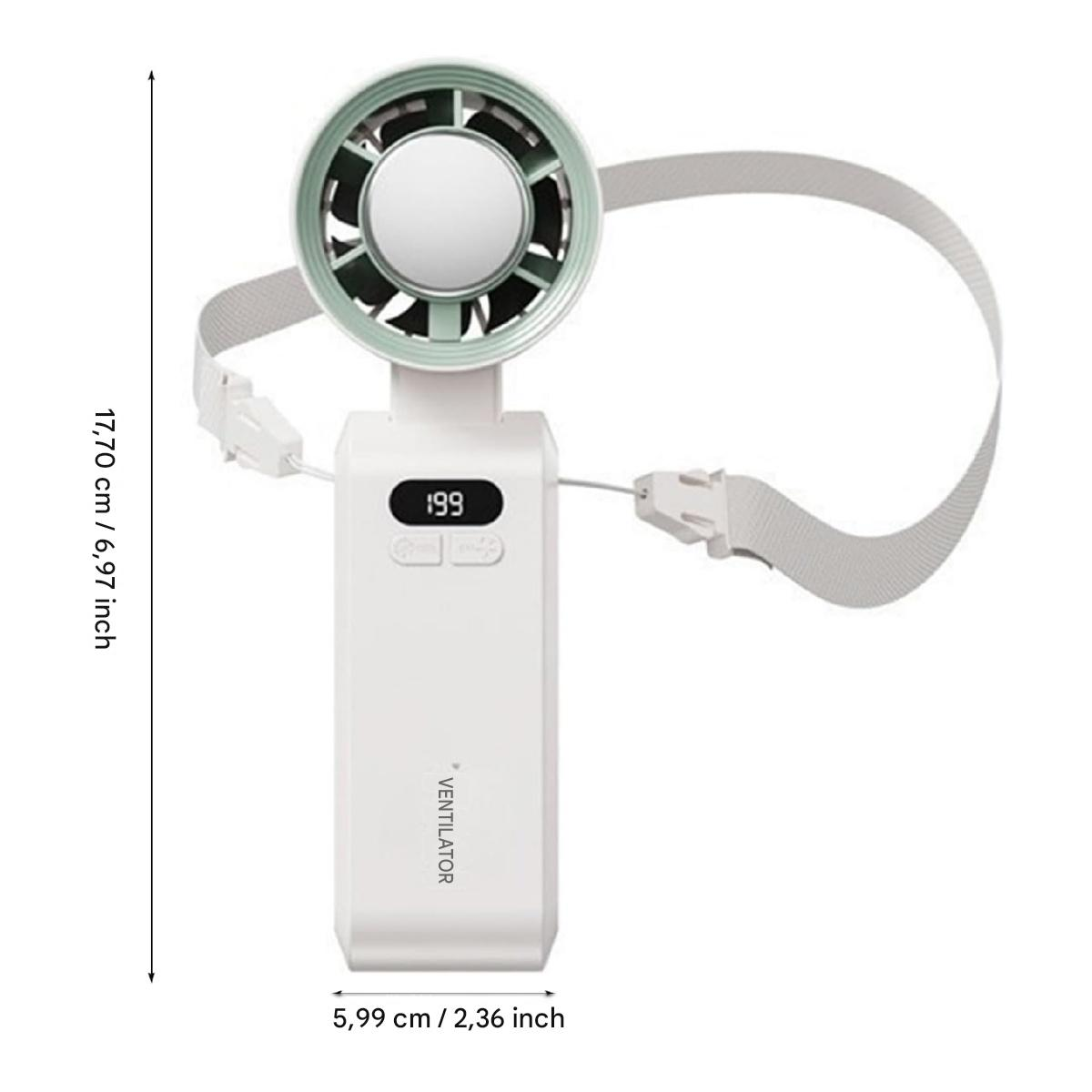 Ein weißer Handventilator mit grünem Lüftergitter und Trageband.