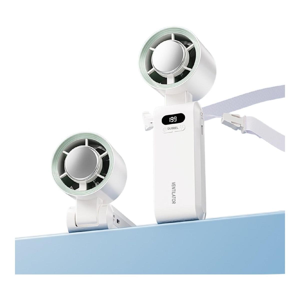 Ein weißer, tragbarer Ventilator mit zwei Köpfen und einem Display, das 199 anzeigt.