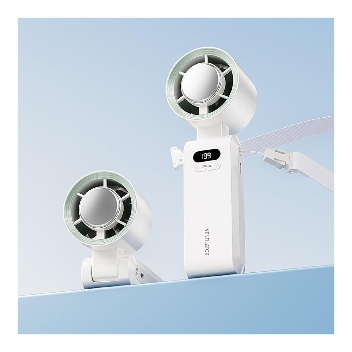 Zwei weiße Mini-Ventilatoren mit Lüfterblättern und digitalen Anzeigen auf blauem Hintergrund.