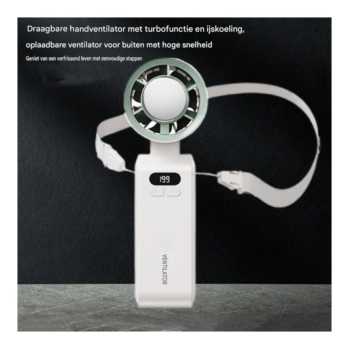 Ein weißer tragbarer Ventilator mit grünem Lüfterring, digitaler Anzeige und Trageband.