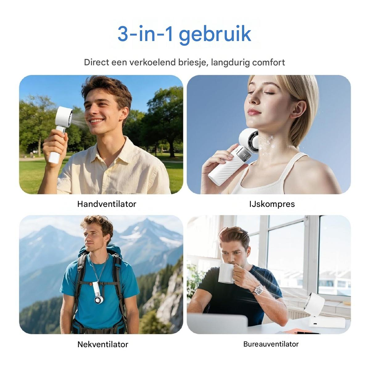 Vier Szenen zeigen einen Hand-, Nacken-, Eis- und Schreibtischventilator.