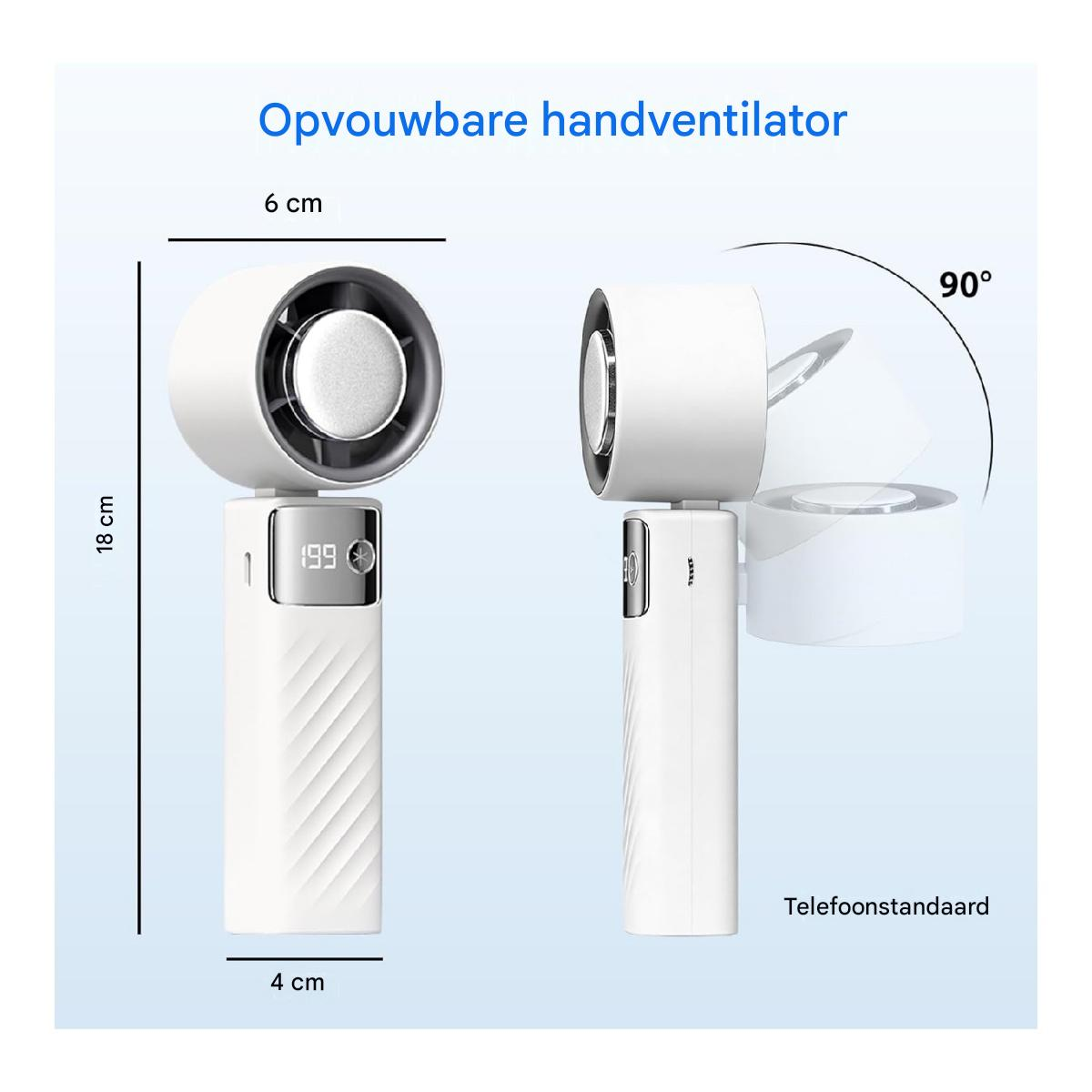 Ein weißer, faltbarer Handventilator mit digitalen Anzeigen und Größenangaben.