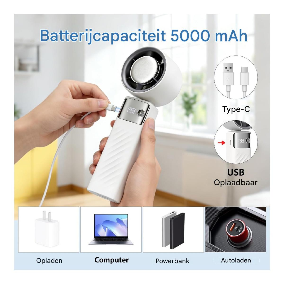 Weiße Handheld-Lüfter werden über USB Typ-C aufgeladen, Anzeige 199.