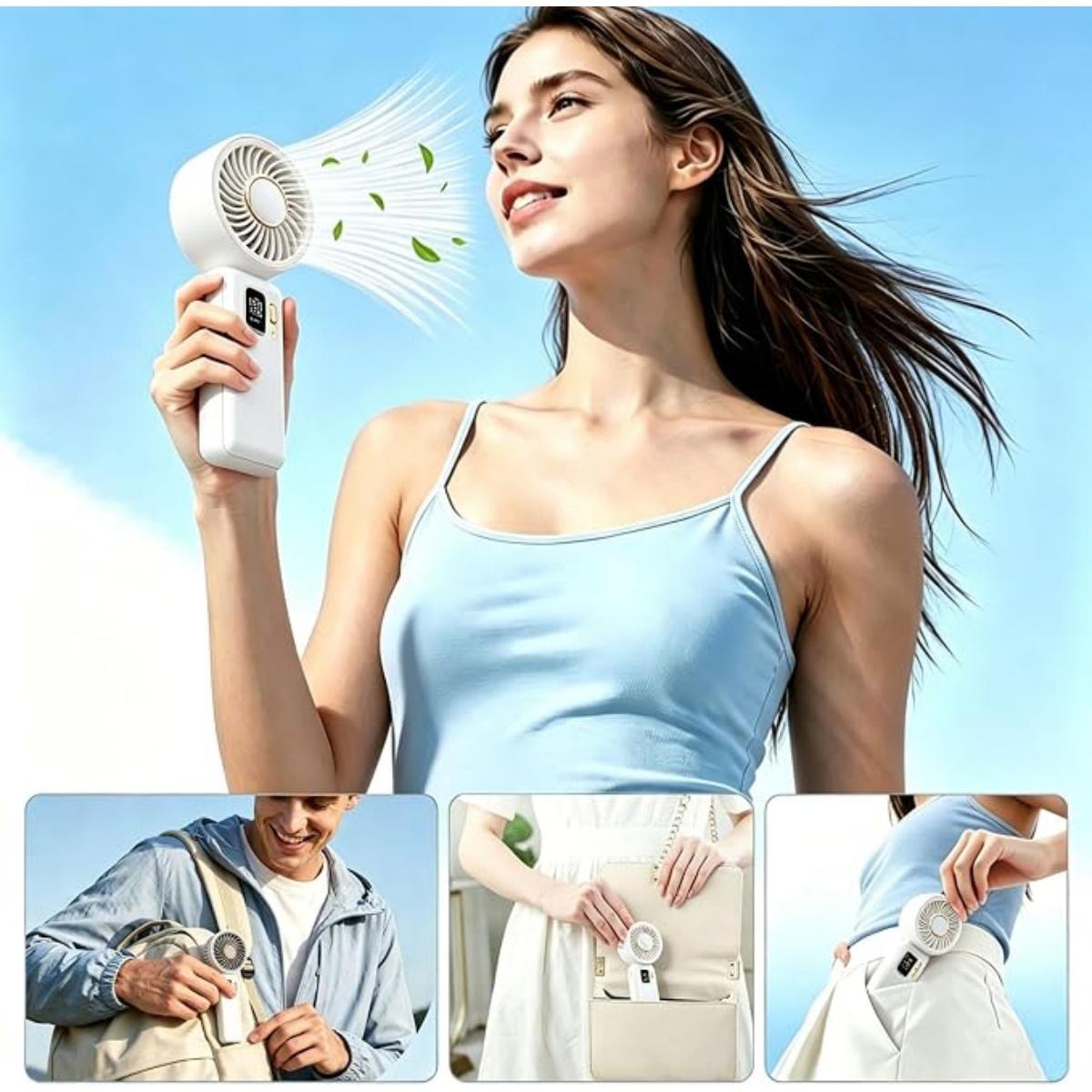 Frau hält Ventilator, Mann mit Tasche, Frau mit Tasche, Frau mit Ventilator in Hosentasche.