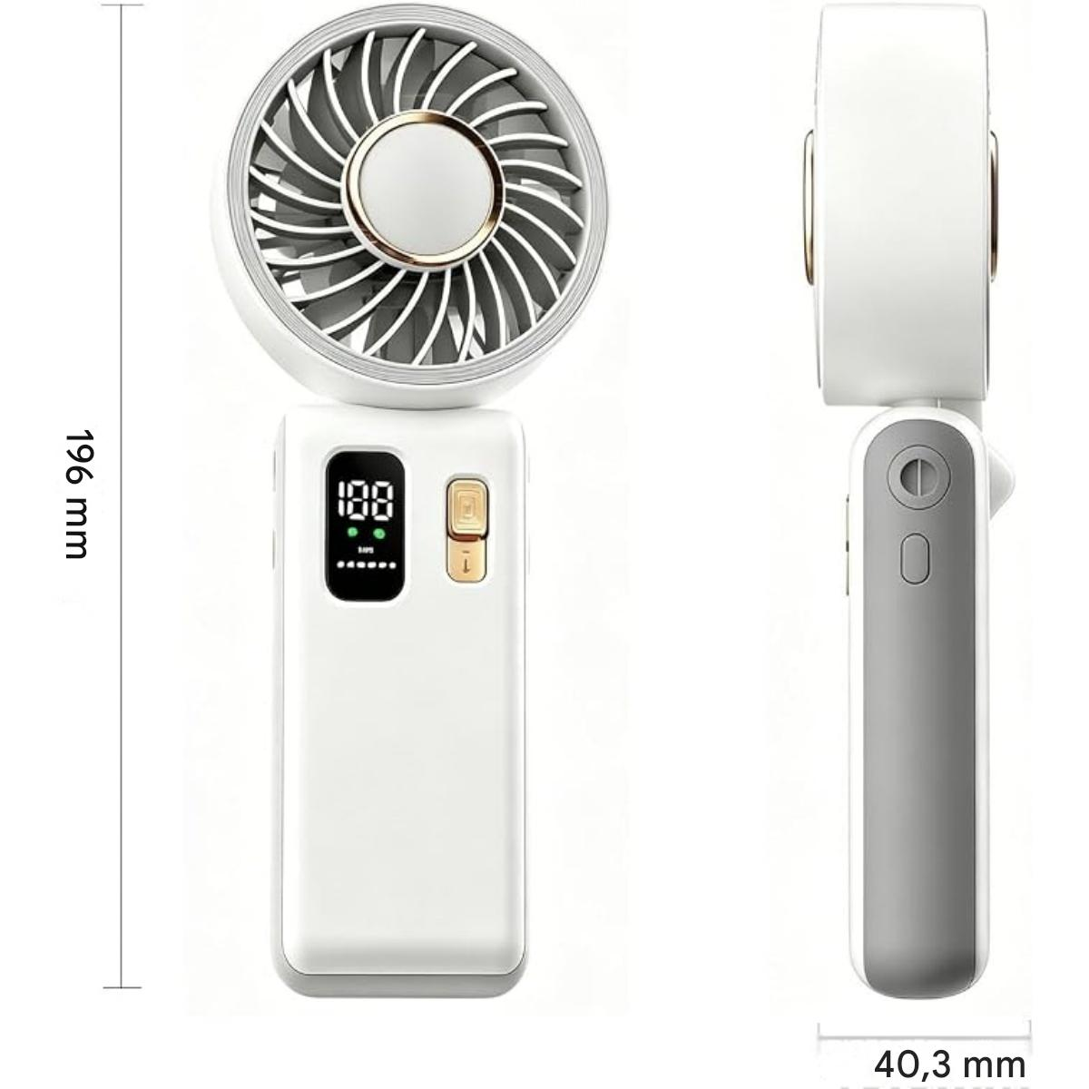 Ein weißer, tragbarer Ventilator mit digitaler Anzeige und silbernen Akzenten.