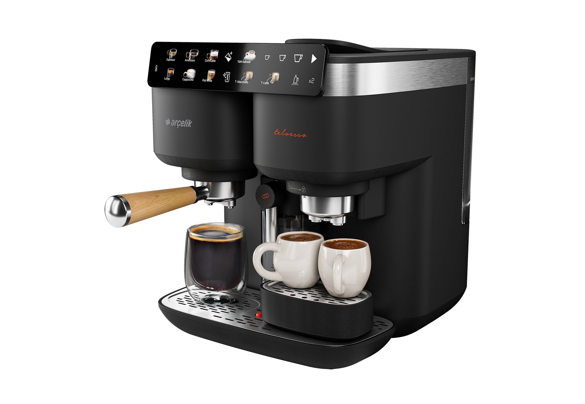 Ahşap saplı siyah Arçelik espresso makinesi, iki fincana kahve yapıyor.