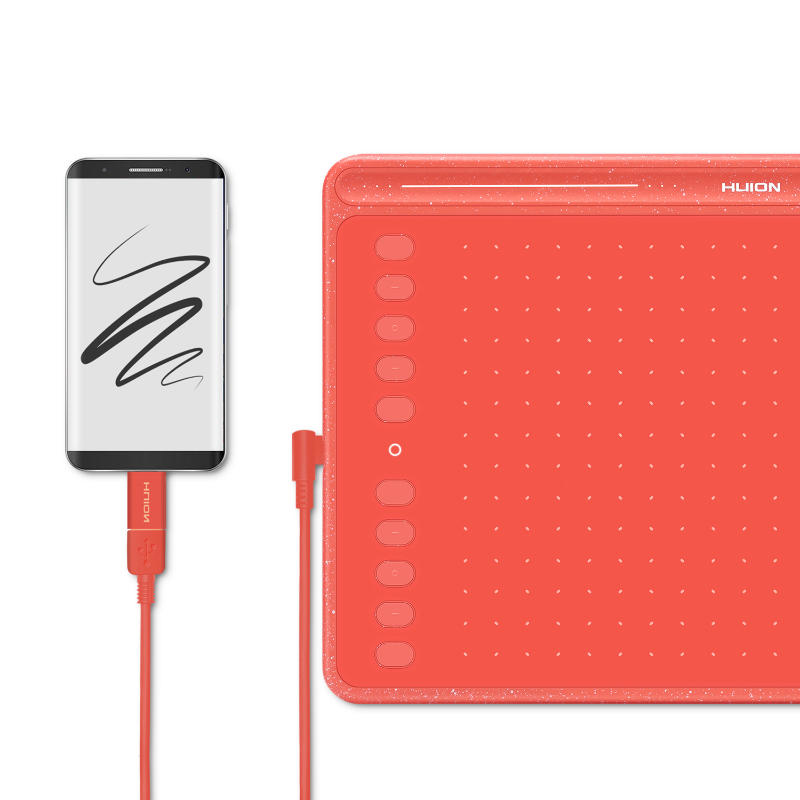 Ein Smartphone, das mit einem roten Kabel mit einem orangefarbenen Grafiktablett verbunden ist.