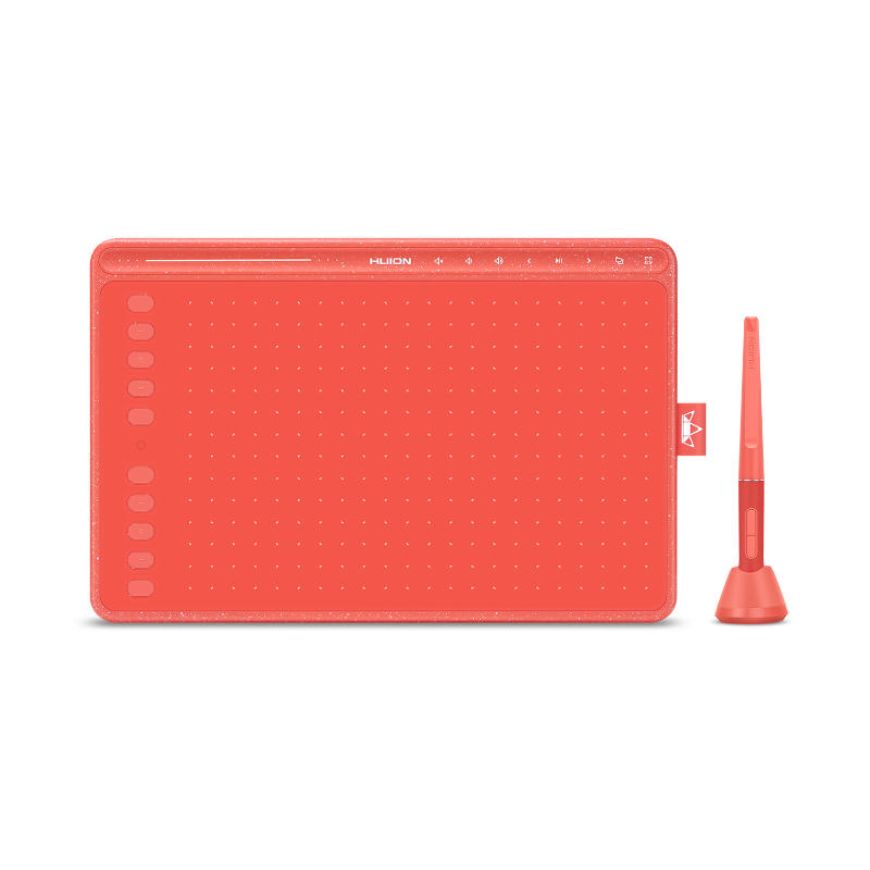 Ein rotes Grafiktablett mit Stifthalter und Stift auf weißem Hintergrund.