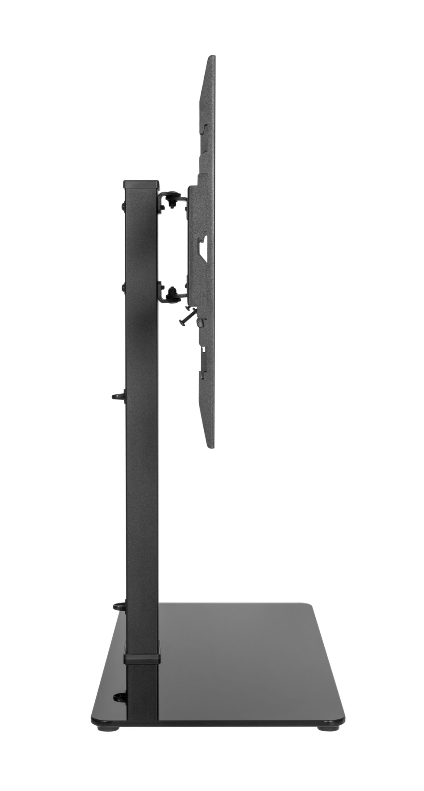 Schwarzer TV-Ständer mit Glasbasis und verstellbarem Monitorarm von der Seite.