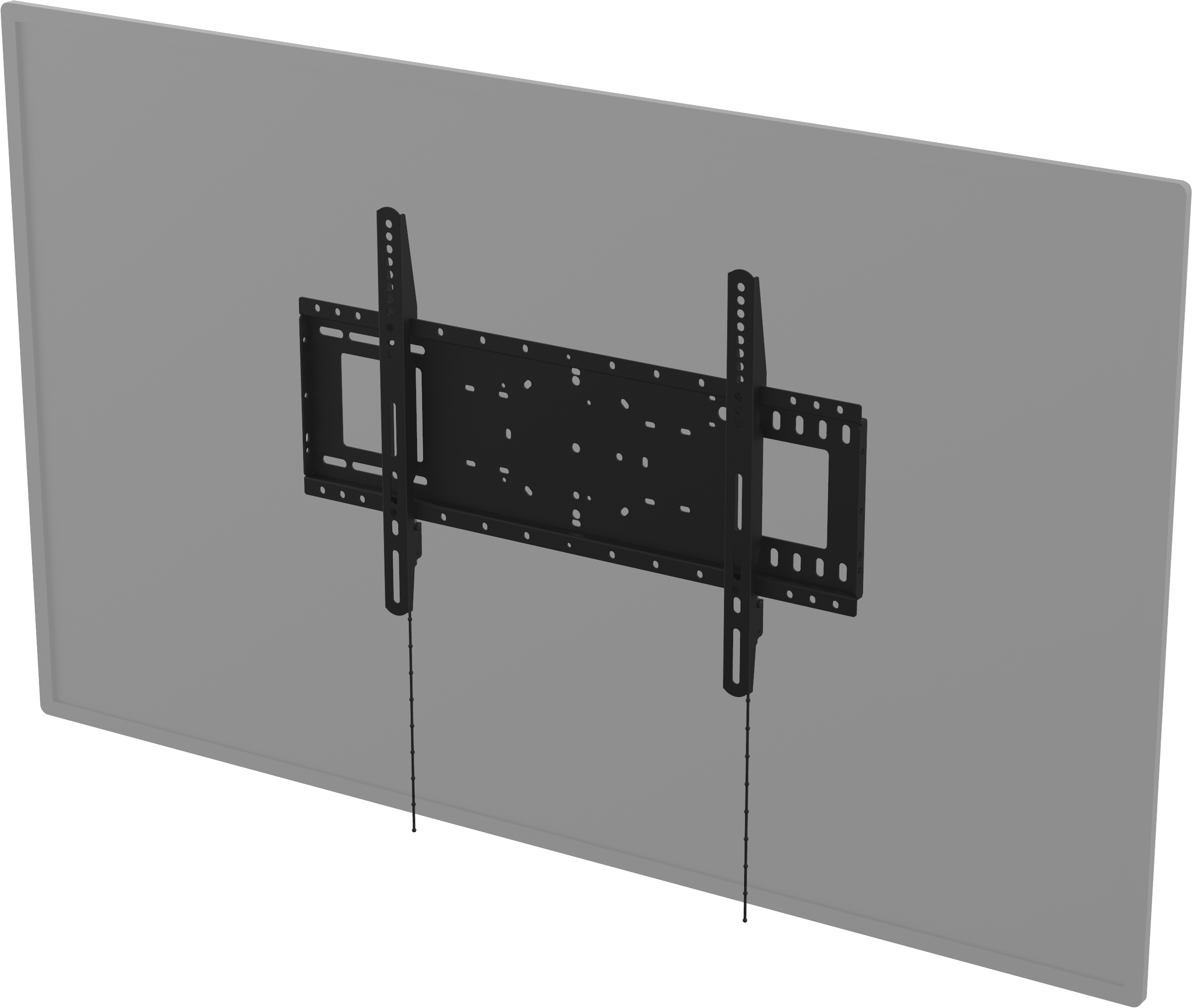 Supporto da parete TV nero con piastra VESA su schermo grigio.