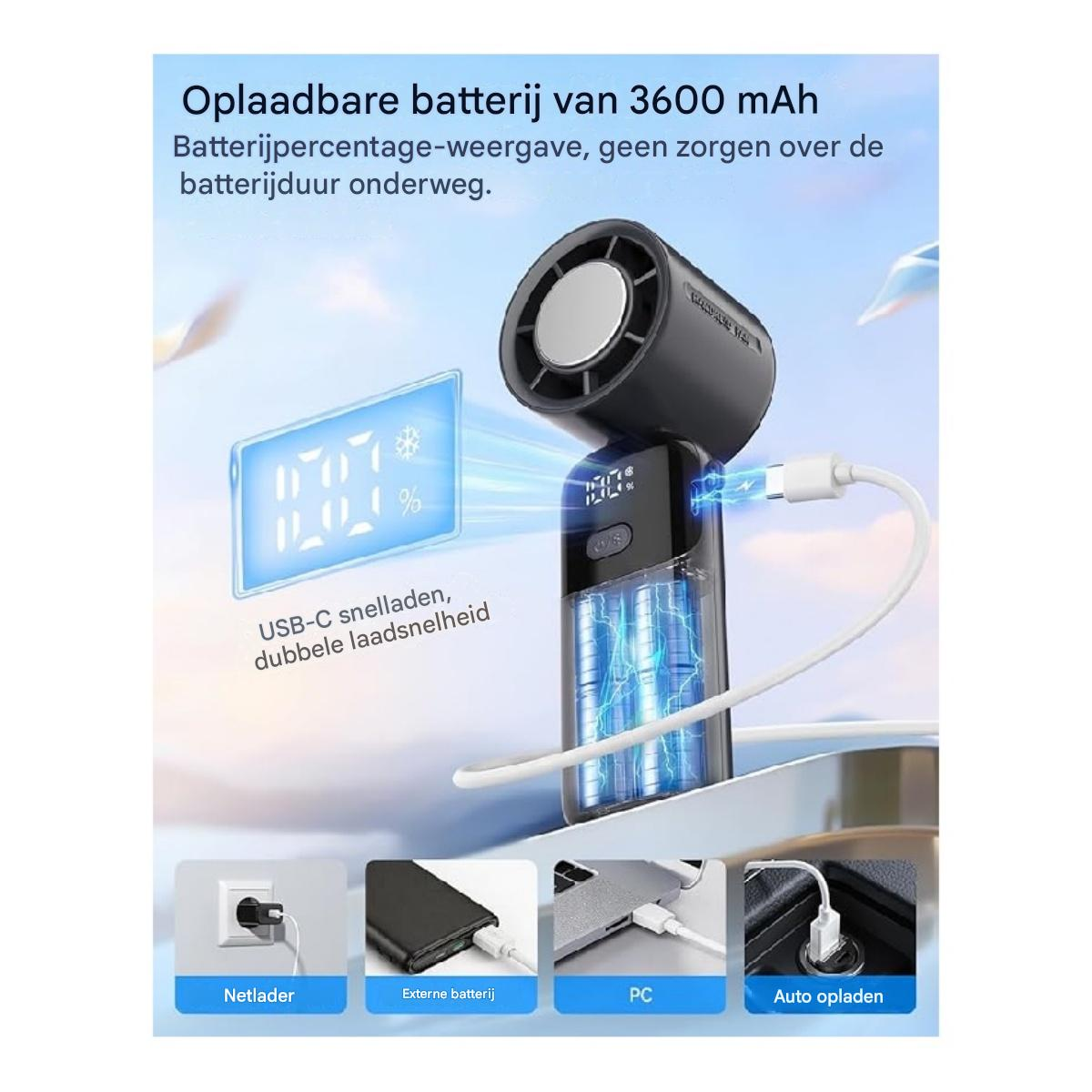 Ein schwarzer tragbarer Lüfter mit sichtbaren Batterien wird über USB-C geladen.