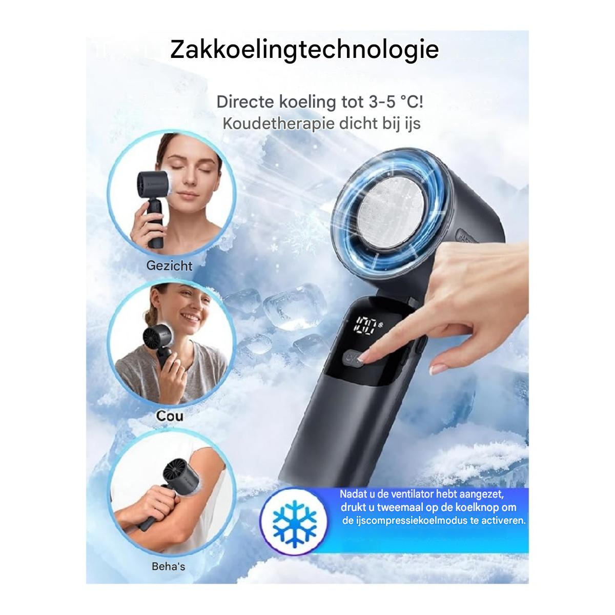 Ein Gerät kühlt Gesicht, Nacken und Arme. Eis und Technologie.