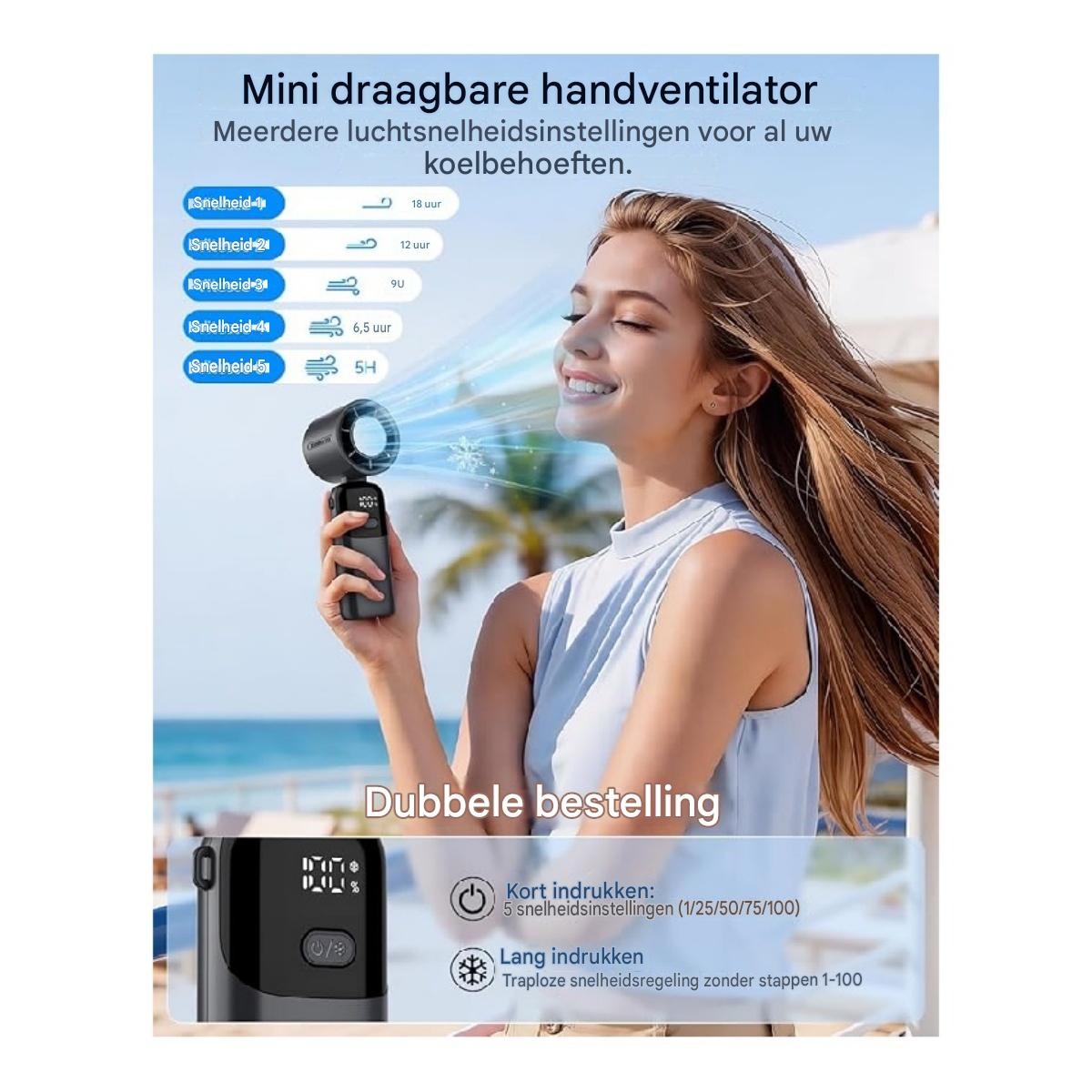 Eine Frau hält einen tragbaren Mini-Ventilator, der kühle Luft ausstößt. Daneben sind Geschwindigkeits- und Zeiteinstellungen.