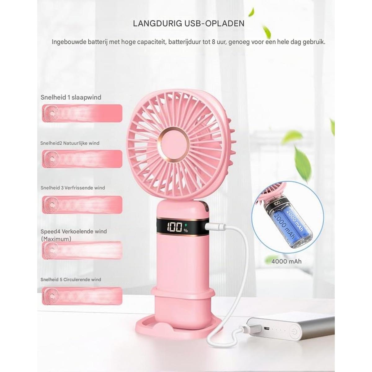 Pinker tragbarer Ventilator mit 5 Geschwindigkeiten, Digitalanzeige zeigt 100%, USB-Aufladung.