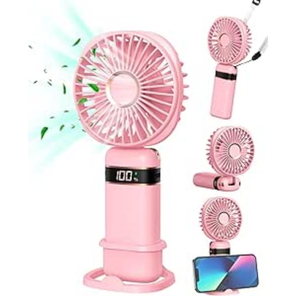 Ein pinker Handventilator mit einem digitalen Display, das 100% anzeigt.