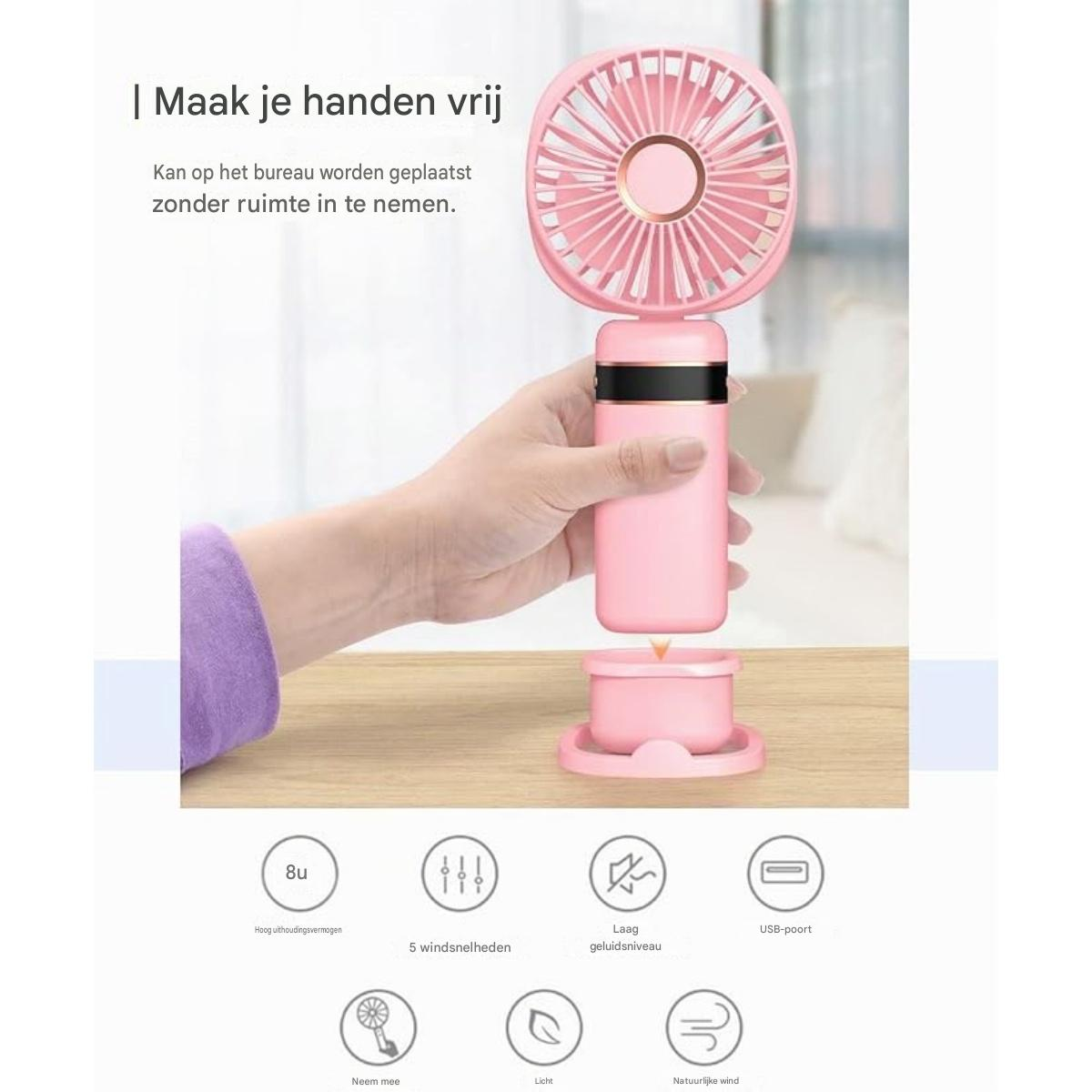 Eine Hand hält einen rosa Ventilator mit USB-Anschluss und 5 Geschwindigkeiten.