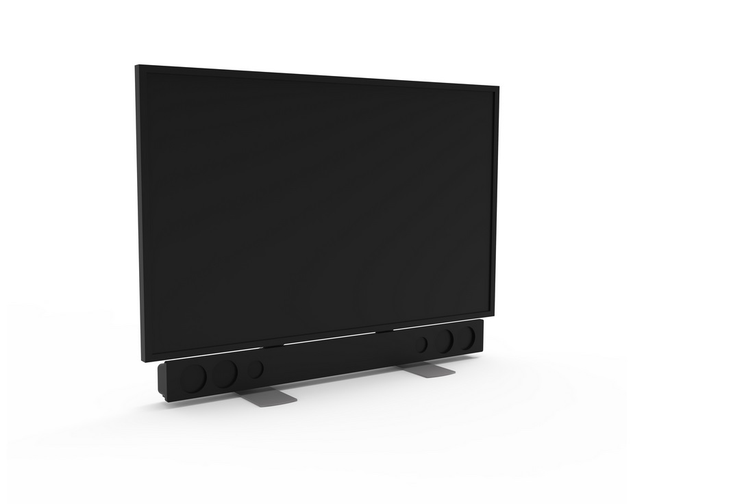 Ein schwarzer Fernseher mit einer Soundbar darunter, auf weißem Hintergrund.