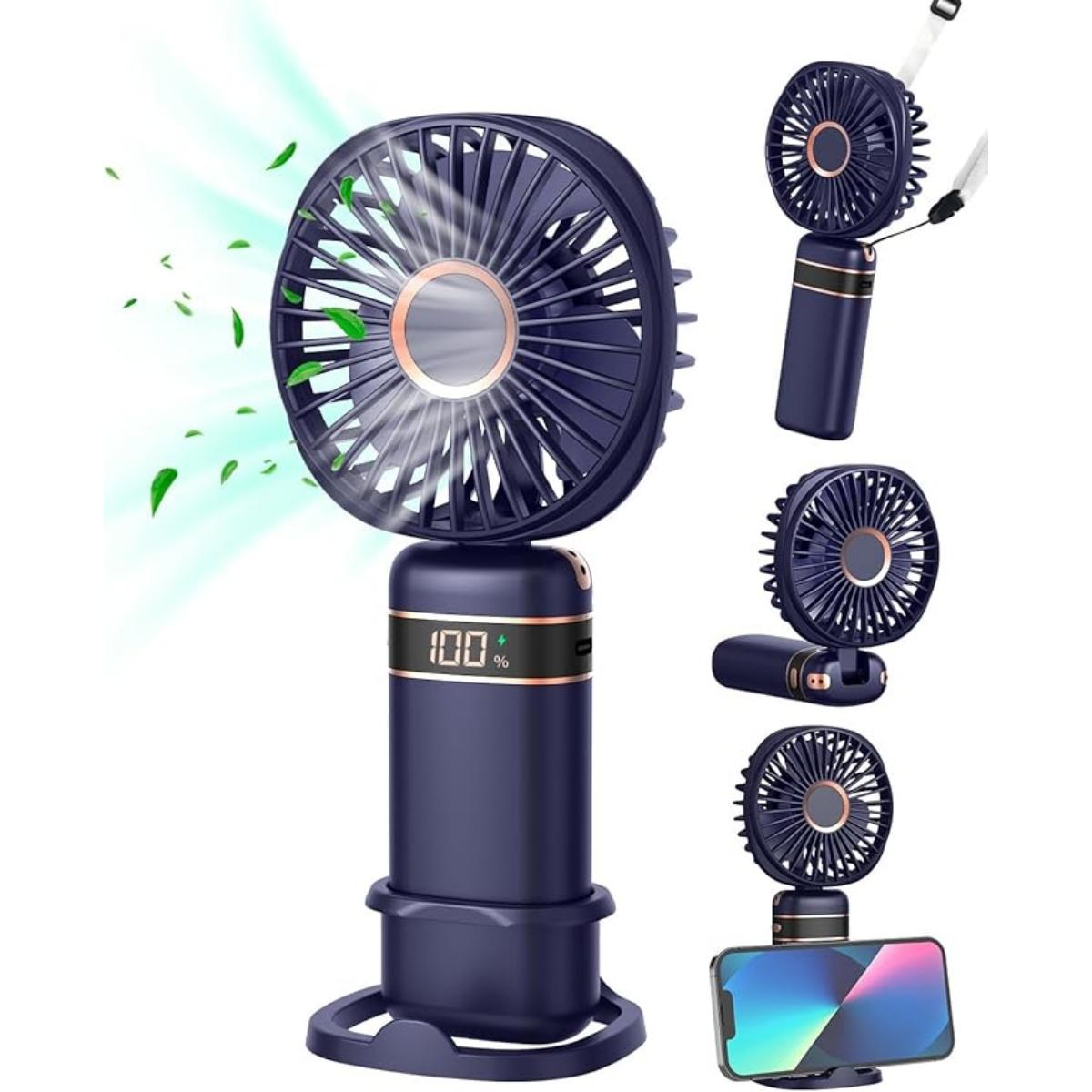 Ein blauer, tragbarer Ventilator mit 100% Akkuanzeige und simulierten Blättern.