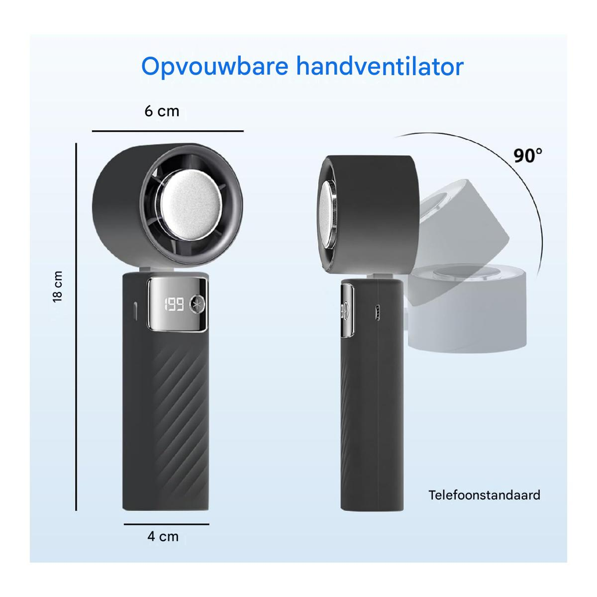 Grauer, faltbarer Handventilator mit Display und Ladeanzeige.