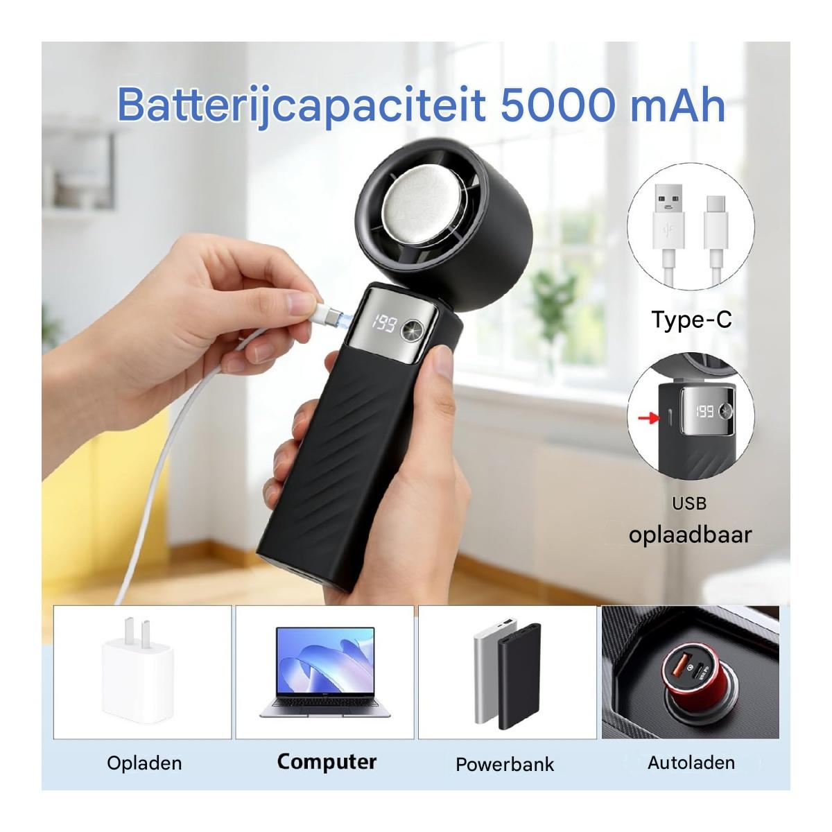 Eine Hand lädt einen schwarzen Lüfter mit 5000 mAh über USB-C auf. Details zeigen Kabel und Ladeoptionen.