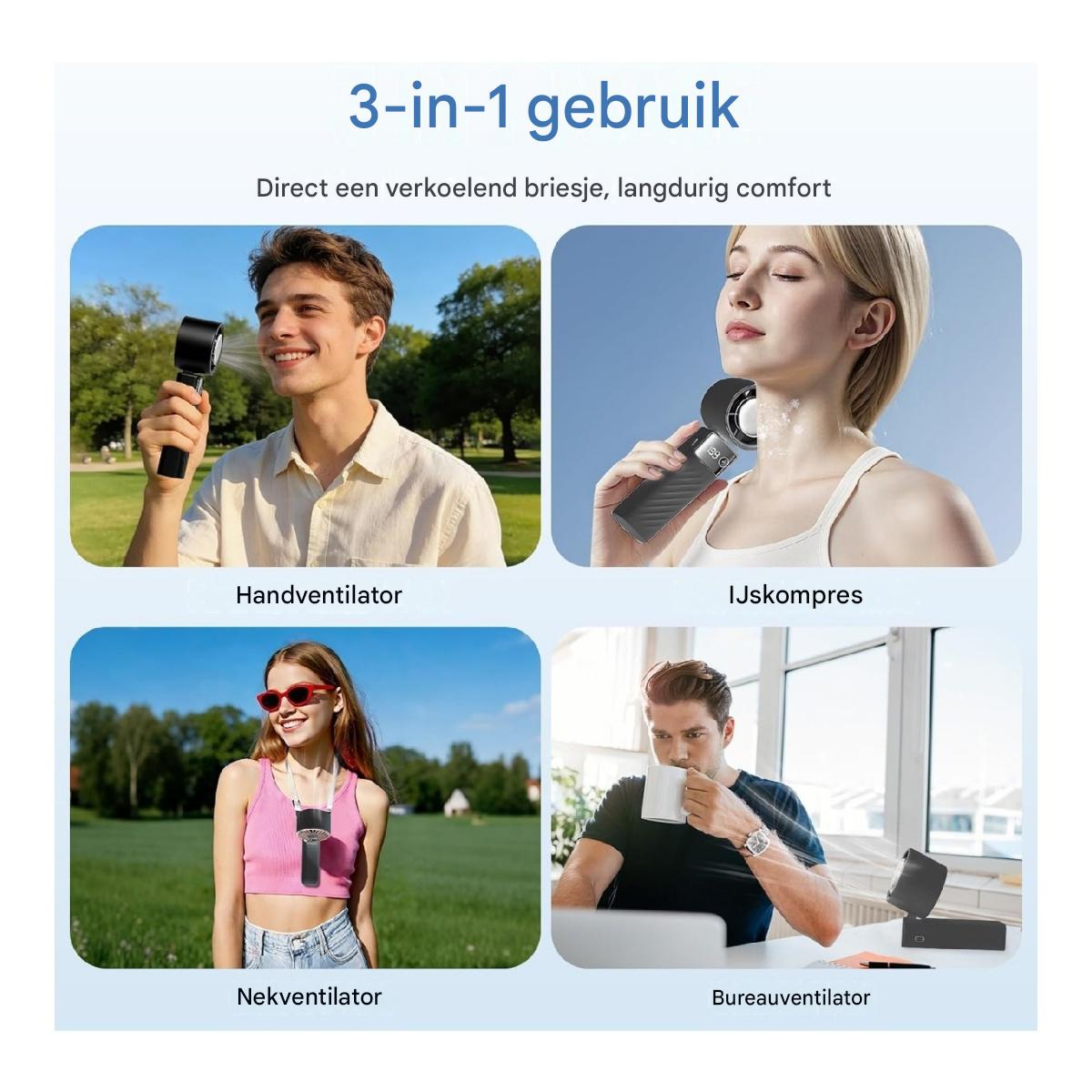 Mann hält Ventilator, Frau am Hals, Mädchen mit Halsventilator, Mann am Schreibtisch.