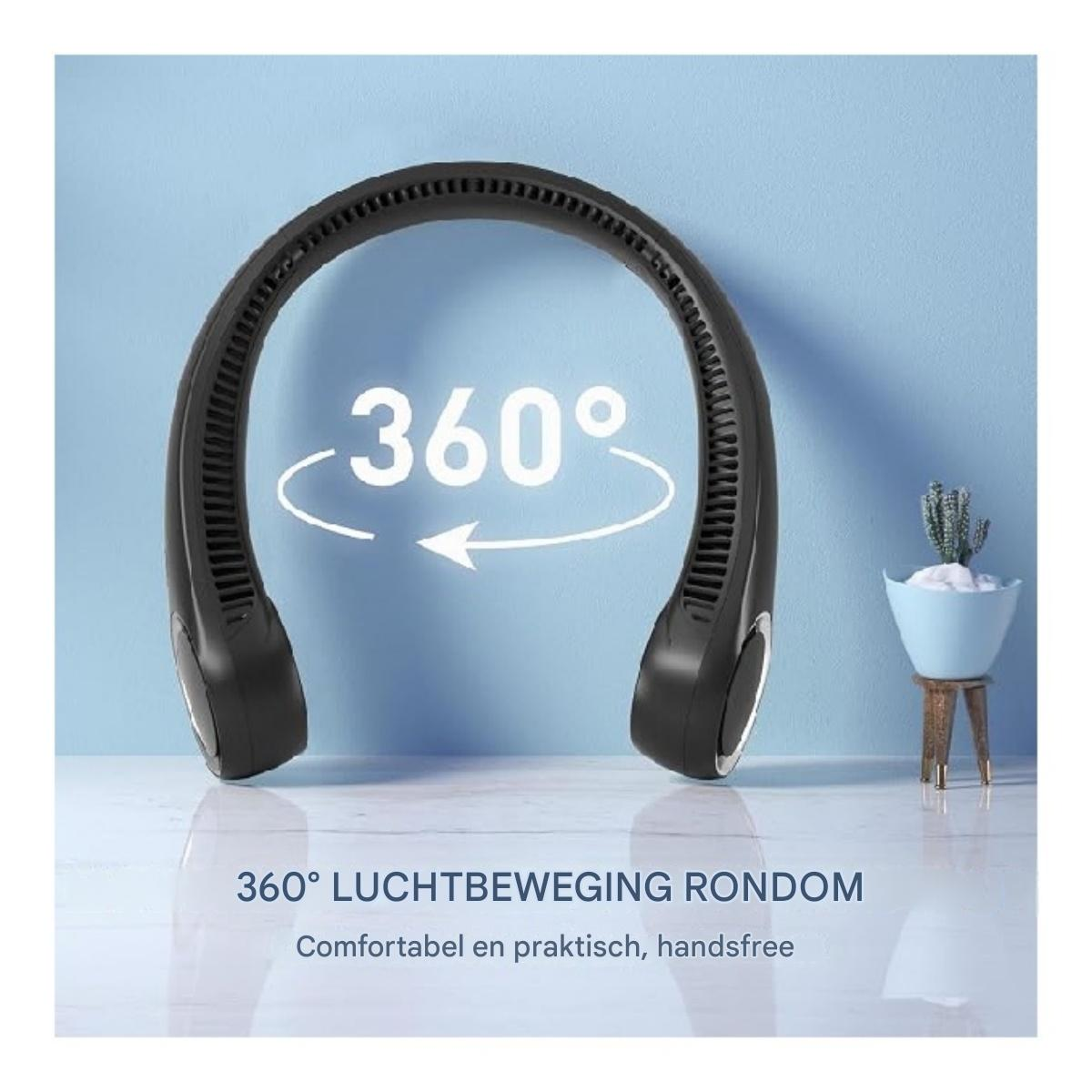 Ein schwarzer Nackenventilator mit 360-Grad-Luftstrom, auf einem blauen Hintergrund.