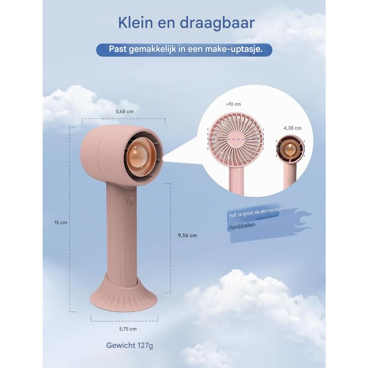 Ein kleiner, tragbarer Ventilator aus rosa Kunststoff mit detaillierten Maßangaben.