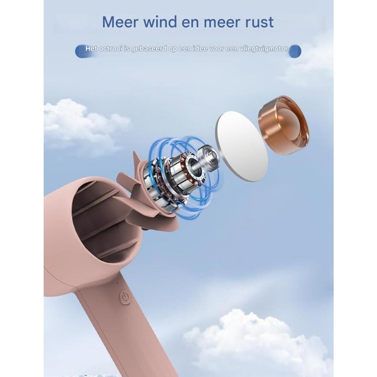 Explodierte Ansicht eines rosa Haartrockners mit Motor und Lüfterblatt im Himmel.