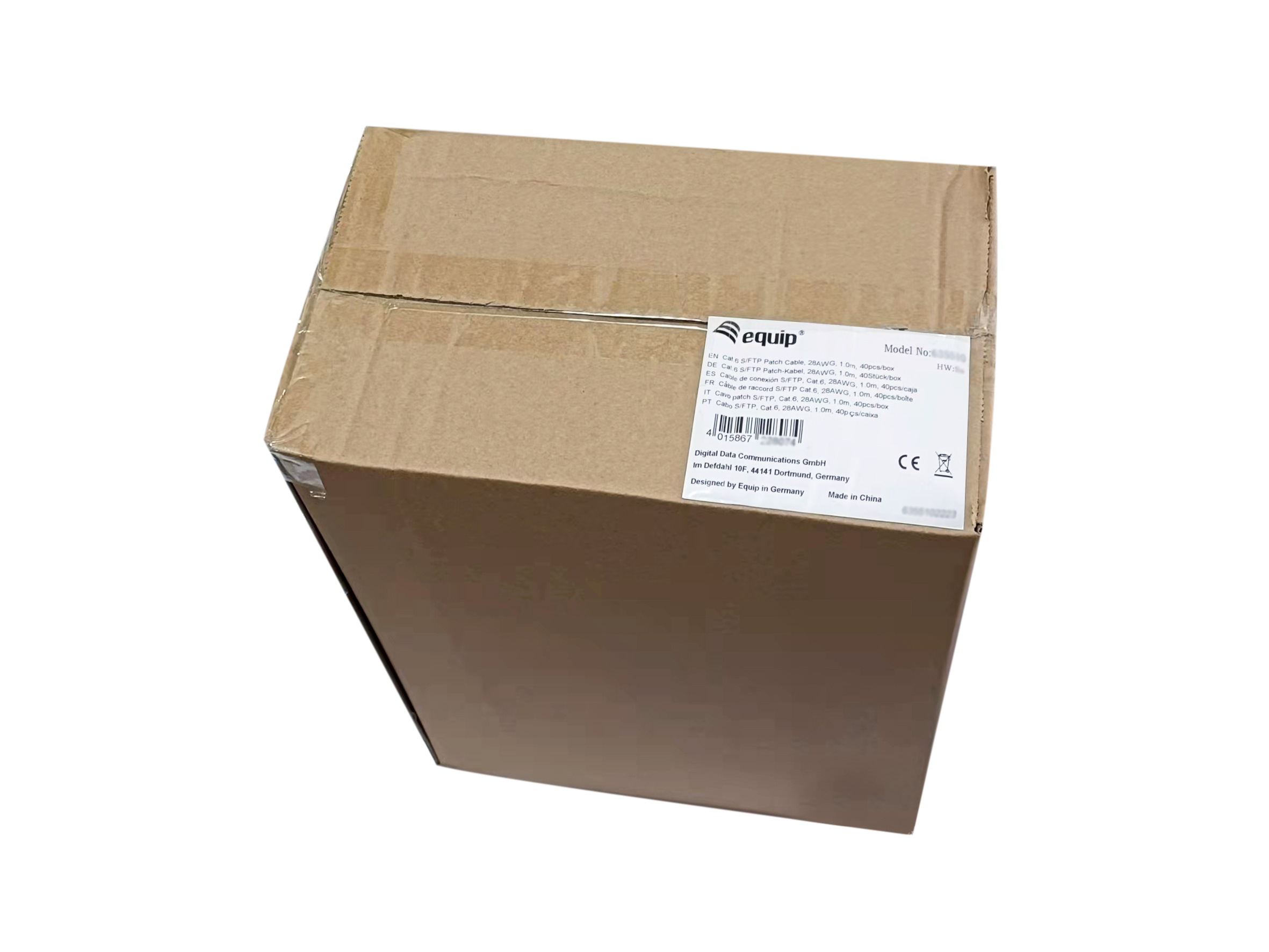 Braune Kartonbox mit Etikett, darauf steht 'equip' und Produktinfos.