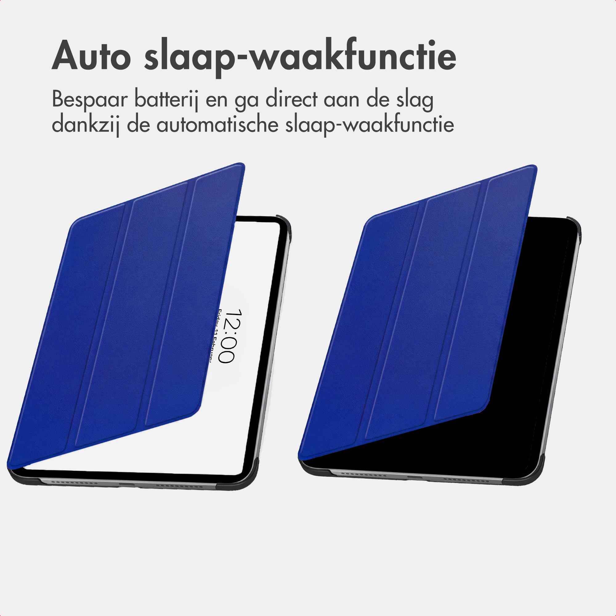 Two blue tablet cases, one open showing screen, one closed.