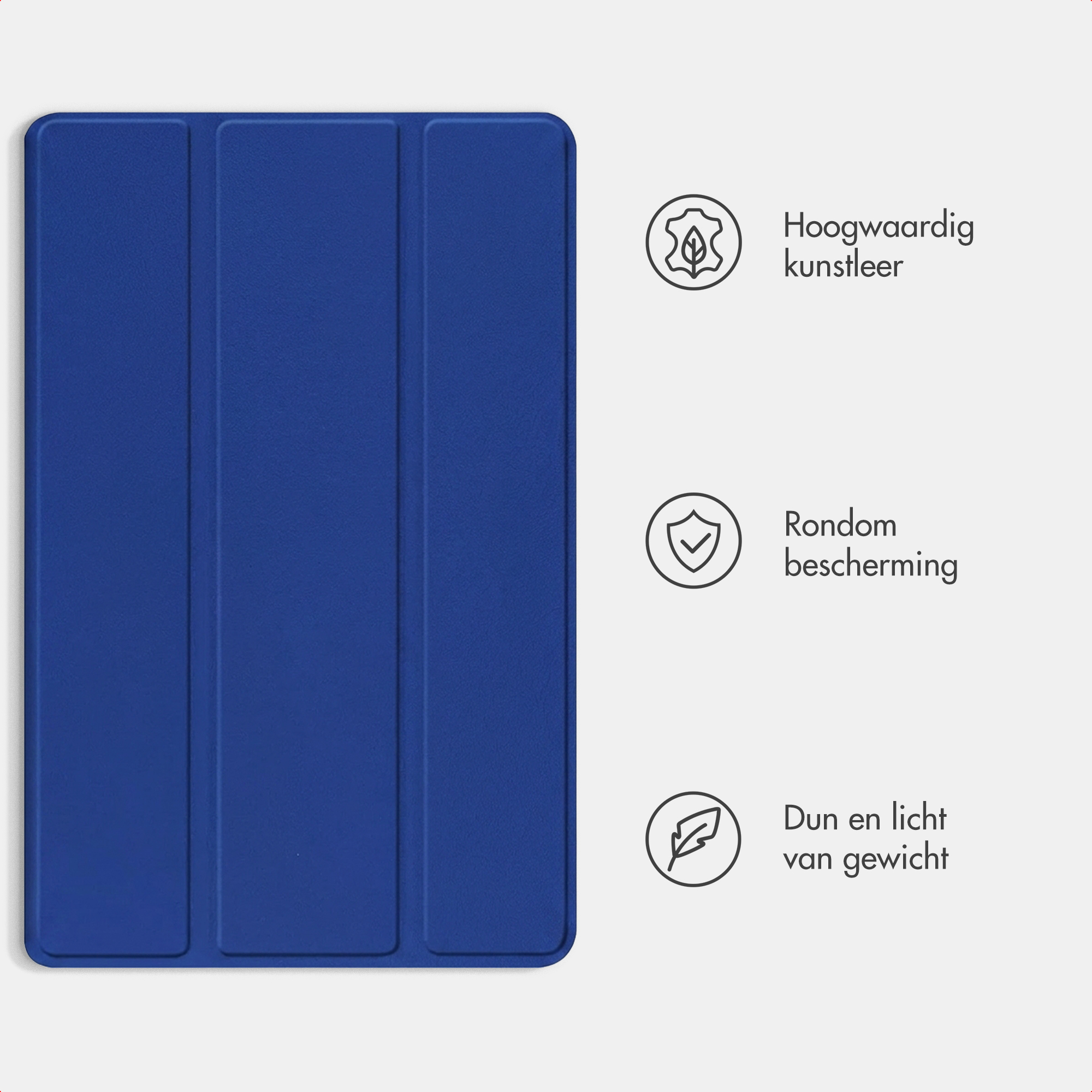 Blue tablet case with three segments and icons for leather look, protection, and lightness.