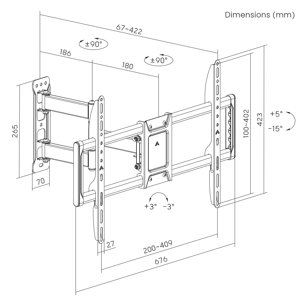 Disegno tecnico di un supporto a parete girevole con dimensioni.