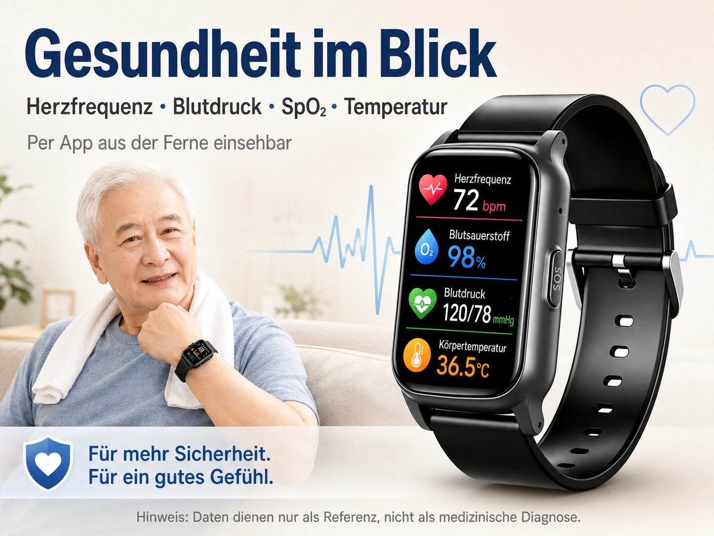 Älterer Mann mit Smartwatch zeigt Gesundheitsdaten wie Herzfrequenz, SpO2, Blutdruck, Temperatur.